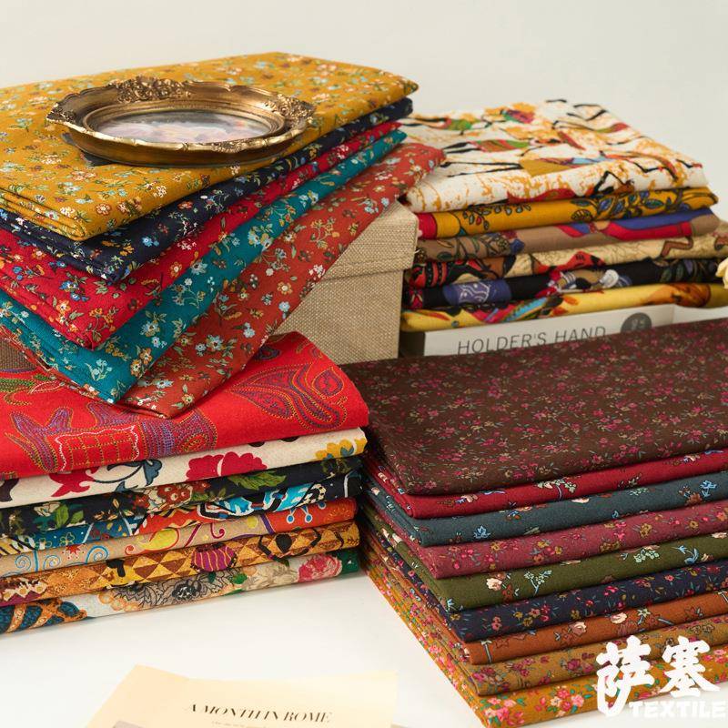 麻棉数码印花布料 印花棉麻服装布料复古手工DIY桌布拼布东南亚