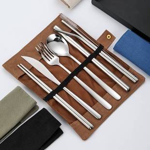 跨境304不锈钢便携餐具套装 户外旅行西餐刀叉勺子筷子吸管七件套