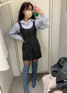 超时髦~24春夏 韩单 潮牌 时尚休闲工口袋 pu吊带连衣裙女