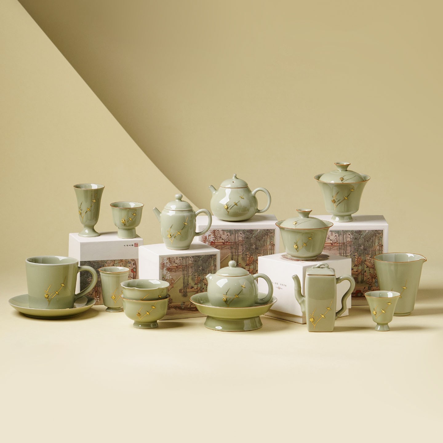 进口青瓷锯铜锔钉功夫茶具套装高档陶瓷盖碗茶杯茶壶家用待客泡茶