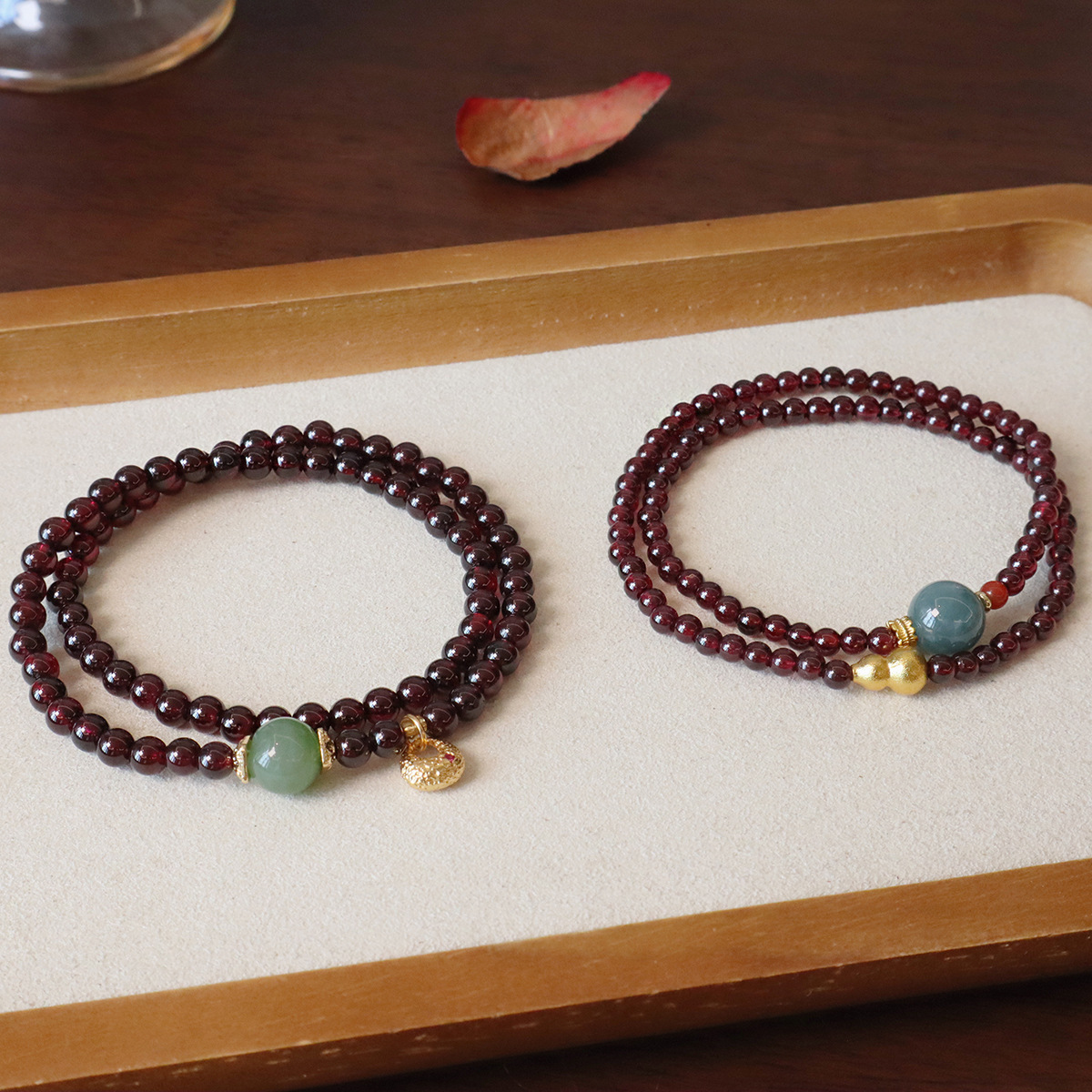 进口高级感天然水晶酒红石榴石双圈手串翡翠转运珠葫芦礼物女手链