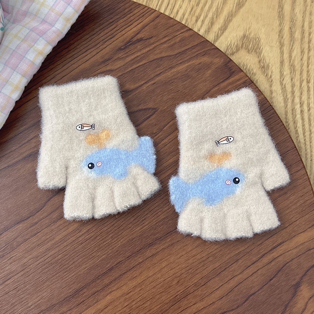 德国进口2.-6岁可爱小鱼手套冬季保暖宝宝半指卡通儿童分指针织拼