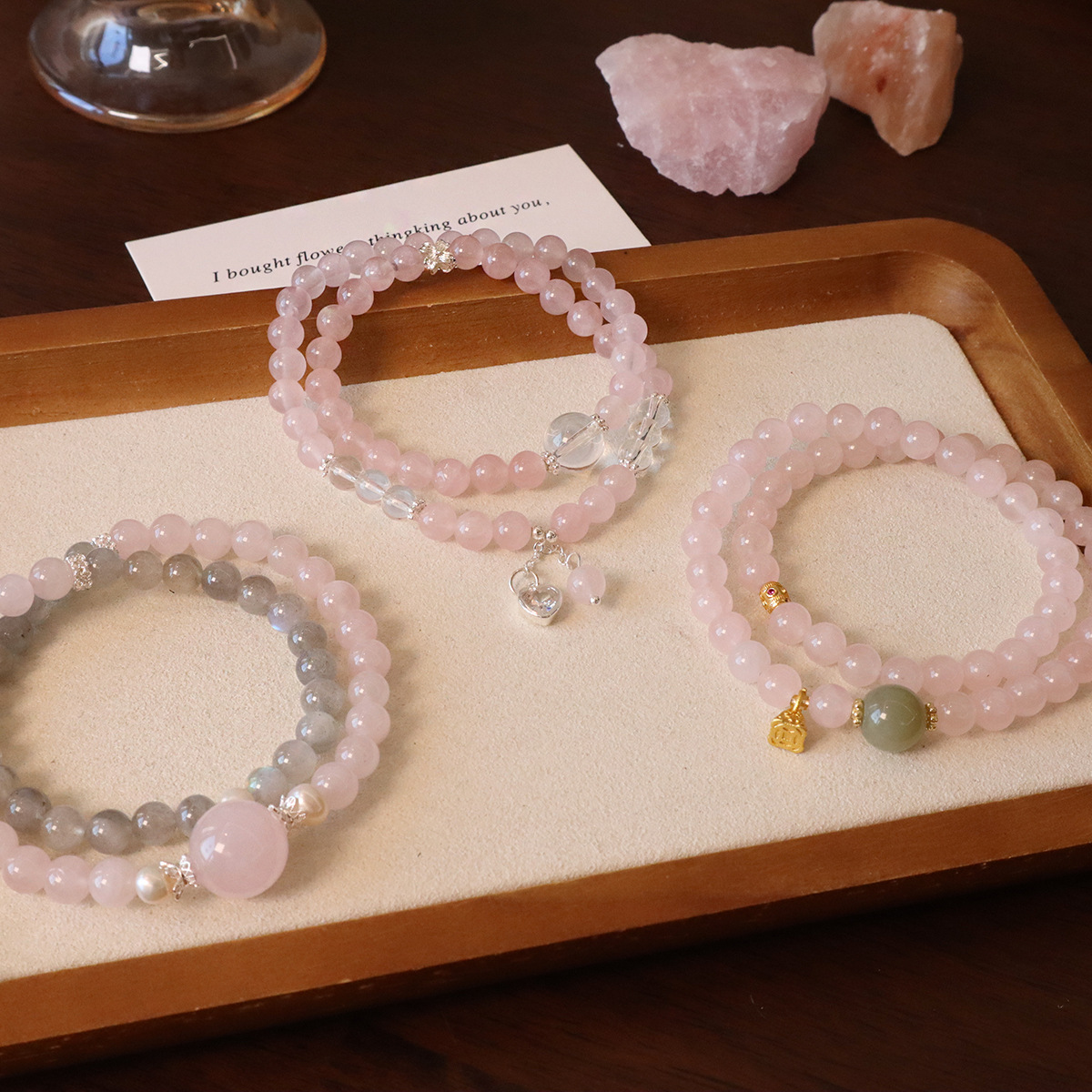 进口冰莓粉新款天然水晶手链超仙小清新甜美双圈灰月光手串