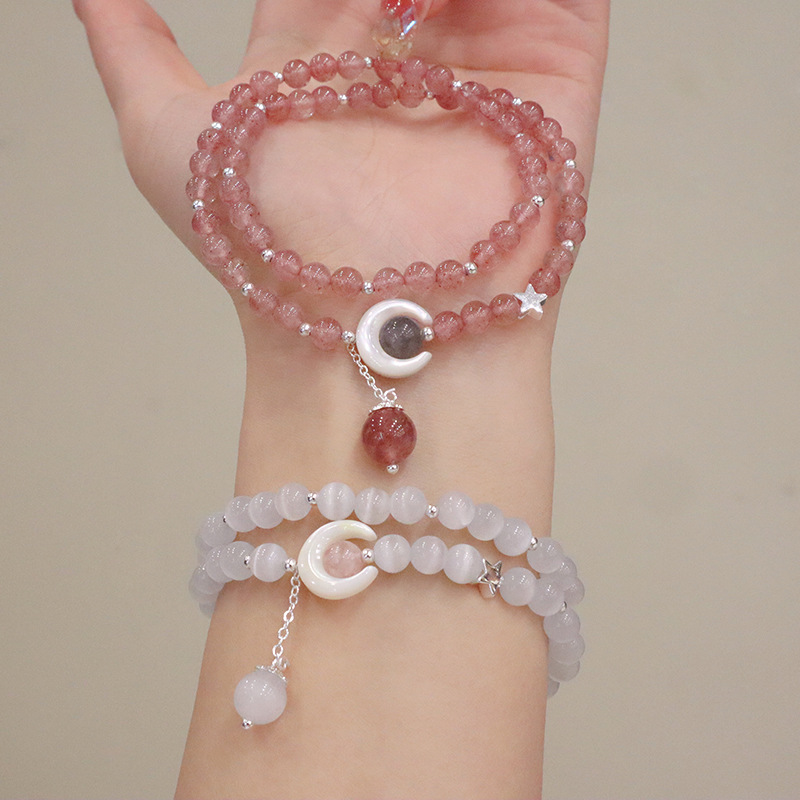 进口双圈天然草莓晶手链清新甜美月亮吊坠手串贝壳猫眼石女生手饰