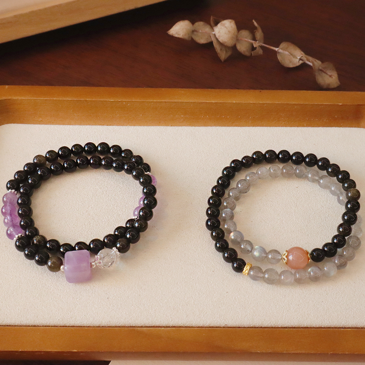 进口天然黑曜石灰月光水晶手链紫水晶原创小众设计感高级感手串