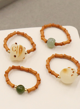 进口天然竹节橄榄核戒指菩提和田玉猫爪弹力指环竹节古风