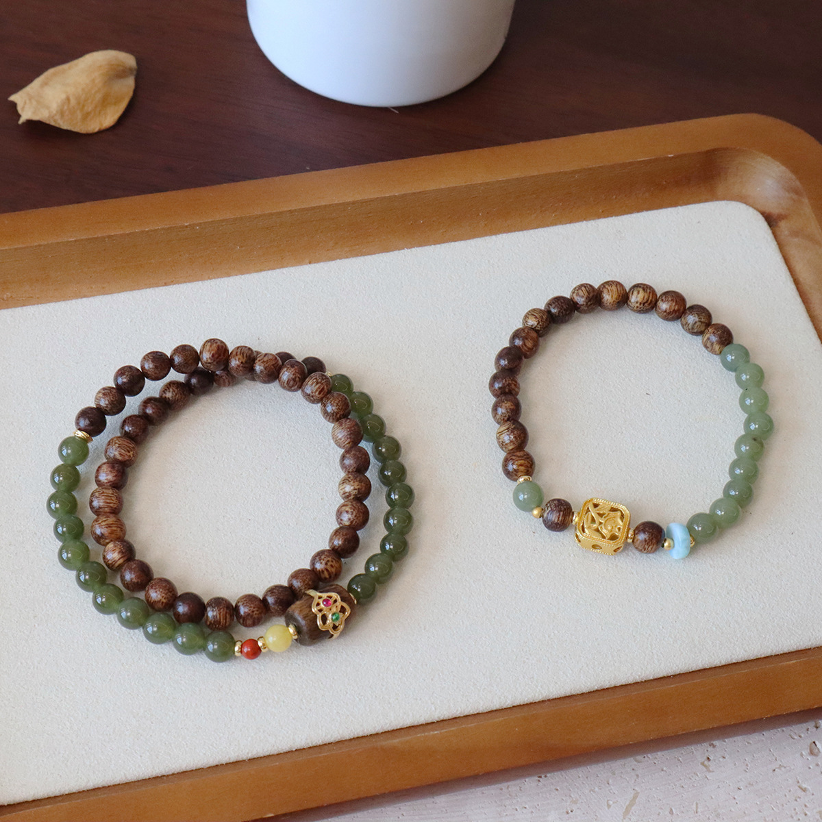 进口原创设计天然沉香和田玉手链双圈配多宝蜜蜡南红海纹石手串新