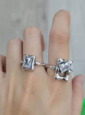 美汝仙 魔镜系列组合戒指女925纯银轻奢方形锆石不规则开口设计