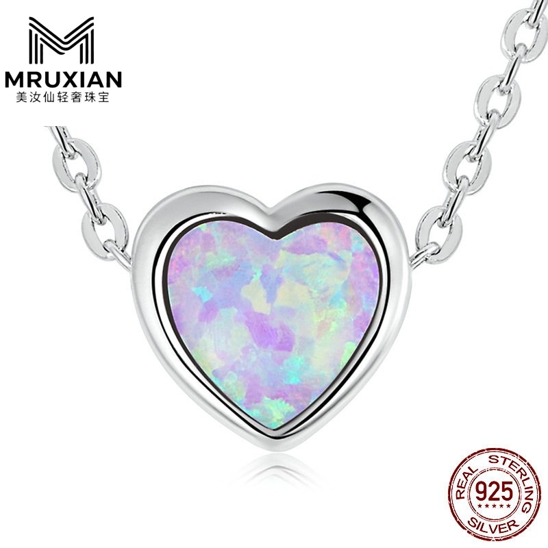 美汝仙 原创欧美纯银s925澳宝爱心项链 彩色心形简约精致吊坠项饰