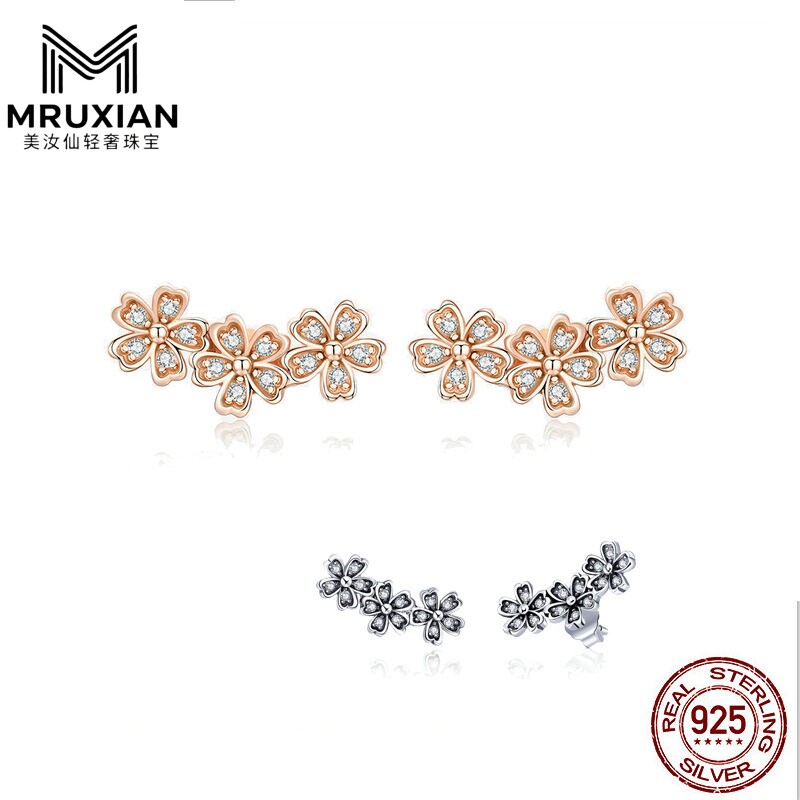 美汝仙 欧美流行饰品繁花朵锆石耳钉纯银S925女耳环镀玫瑰金简单