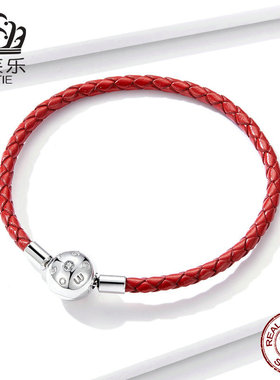 美汝仙 简约扣头s925纯银女真皮单圈基础红色手链原创设计手绳