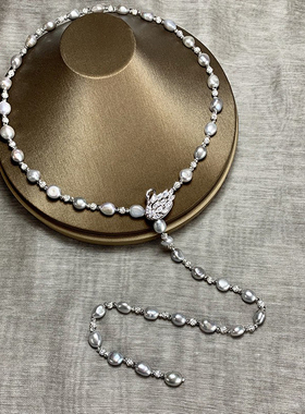 天然巴洛克时尚银灰色异形珍珠优雅天鹅可调节扣多种带法毛衣链