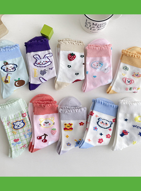 花边袜子女中筒袜秋冬季日系可爱少女心甜美插画学生ins潮棉长袜w