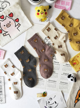 5双小熊袜子女中筒袜可爱日系学生纯棉袜卡通秋冬韩国ulzzang女袜