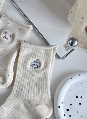 可爱刺绣点纱袜子女中筒袜少女秋冬韩版ins潮百搭卡通纯棉袜小熊w