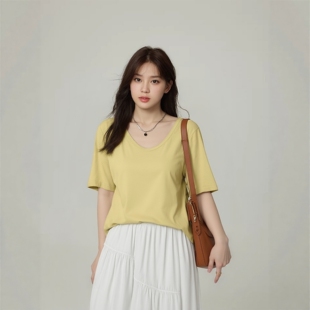 短袖 纯棉T恤胖妹妹春夏新款 宽松正肩遮肚子V领简约上衣 女装 大码