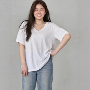 宽松藏肉遮肚子200斤胖妹妹m百搭上衣 深V领全棉T恤短袖 特大码 女装