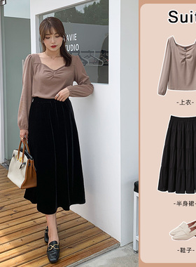 大码女装胖mm正肩法式气质绝美t恤春秋显瘦遮肚方领上衣 清仓特卖