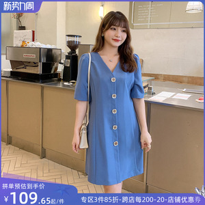 大码女装连衣裙胖mm2023年夏装设计感v领韩版气质中长款显瘦裙子