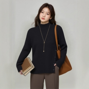 特大码 早春胖妹MM200斤正肩开叉毛织半高领百搭外穿打底毛衣 女装