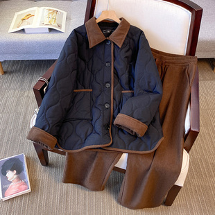 外套梨形身材高腰阔腿裤 大码 冬季 棉服女2025年新款 胖mm巨显瘦套装