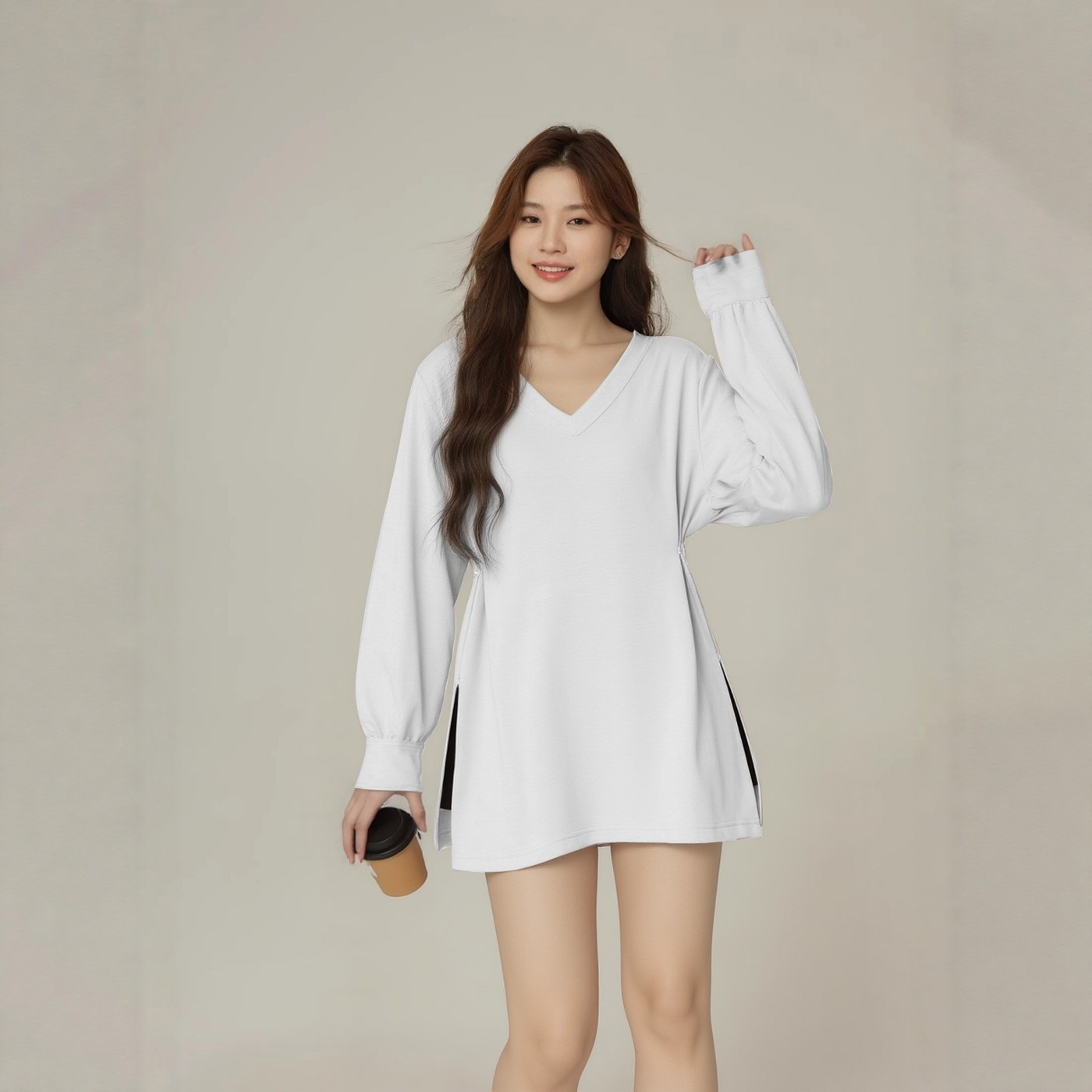 适合胖mm大码上衣正肩宽松活动纽扣收腰中长款开叉V领春季女装T恤,女装/女士精品,大码内搭,淘宝优惠券,粉丝福利购,淘宝优惠卷