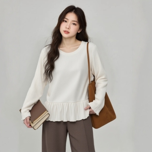 春季 新款 女装 适合胖mm 坑条针织衫 打底衫 长袖 木耳遮肚上衣 大码