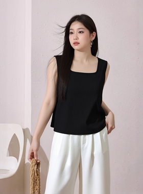 大码胖mm巨遮肚背心春夏女装200斤胖妹妹方领坑条打底高级感背心