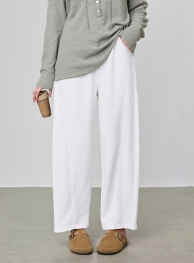 适合胖mm的大码裤女春装新款巨好看白色松紧腰宽松弯刀9分梧桐裤