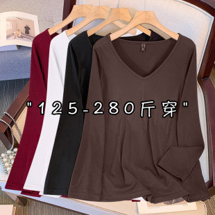 胖mm秋装 大码 遮肚子针织衫 宽松女装 T恤 v领上衣美拉德咖啡色打底衫