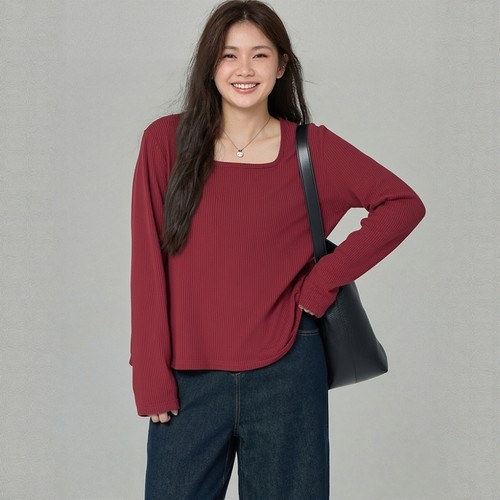 胖妹妹长袖坑条上衣T恤