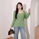 女装 方领外穿打底衫 秋季 大码 新品 法式 200斤胖妹妹长袖 坑条上衣绿