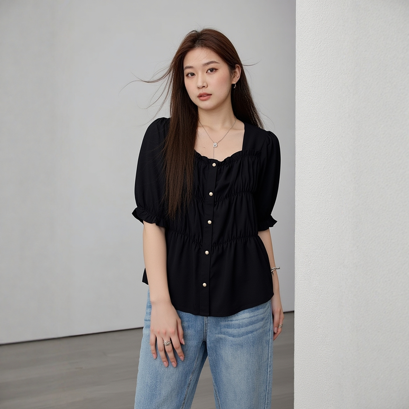方领女装夏季衬衫上衣凤凰依屋