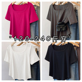 t恤春夏短袖 大码 女装 方领纯棉胖妹妹MM正肩宽松藏肉遮肚上衣200斤