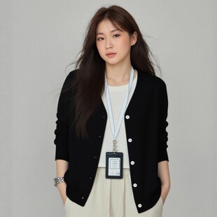 正肩黑色V领毛织衫 外套大码 巨显瘦经典 百搭针织开衫 胖mm200斤春装