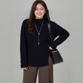 打底衫 高端胖mm大码 毛衣开叉下摆宽松半高领百搭黑色开叉下摆时尚