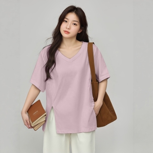 大码 胖mm巨遮肚上衣全棉V领正肩宽松不规则设计感开叉纯棉春夏T恤