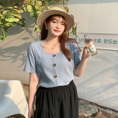 减龄宽松显瘦洋气针织衫 大码 正肩t恤女夏装 短袖 法式 上衣胖mm韩版