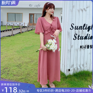 大码女装显瘦遮肚长款v领雪纺夏装适合梨形身材胖mm轻熟风连衣裙