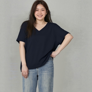 V领正肩宽松藏肉遮肚子大码 宽松版 欧货大版 全棉短袖 mm上衣 t恤女款