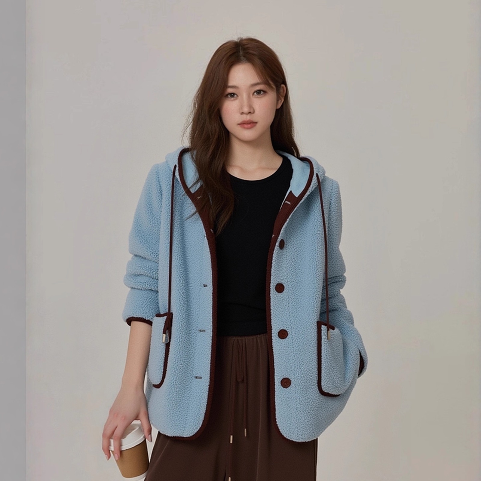 凤凰依屋撞色连帽皮毛一体外套