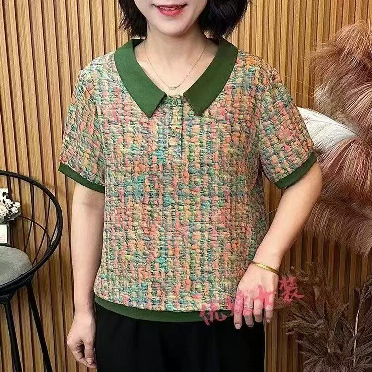 夏季新款短款妈妈装时尚翻领宽松显瘦洋气提花短袖T恤百搭上衣