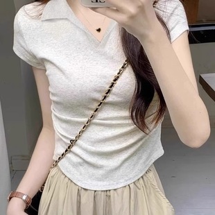上衣夏 polo领修身 显瘦正肩t恤女短袖 纯欲辣妹短款 设计感收腰小衫