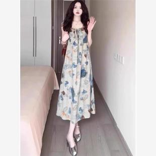 新款 氣質顯瘦海邊度假沙灘長裙子 溫柔風碎花吊帶連衣裙女夏季 法式