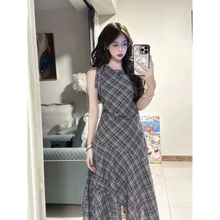 小个子甜美温柔风不规则长裙子 法式 复古格子无袖 连衣裙女夏季 新款