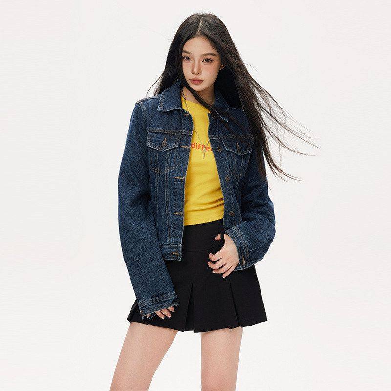 深蓝色基础款经典短裤牛仔外套女2025年秋冬新款长袖显瘦夹克上衣