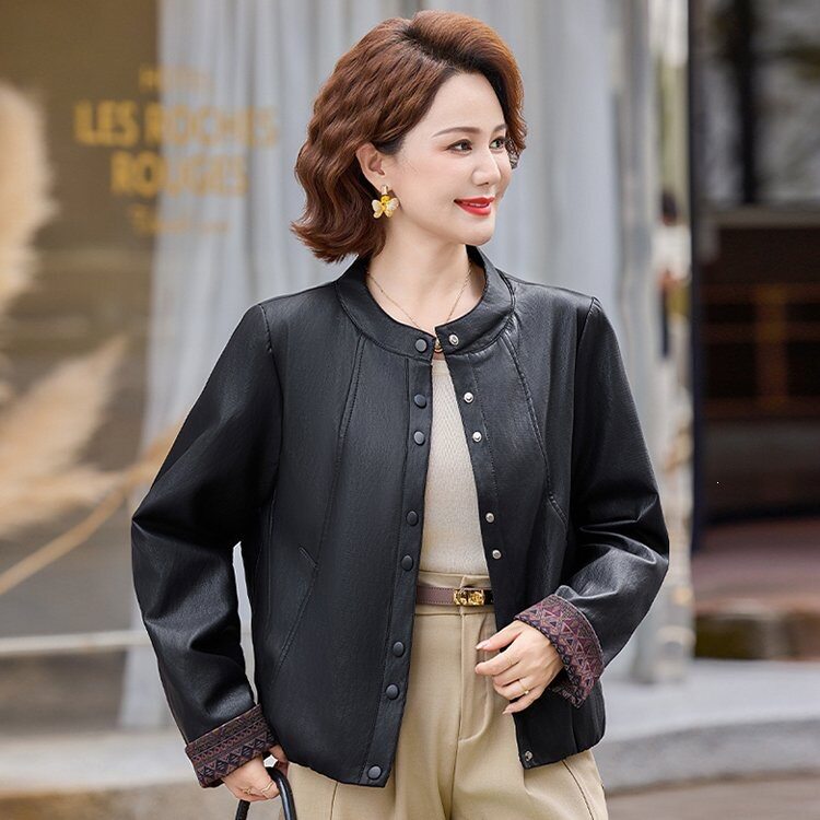 新中式中年皮衣女春秋款 宽松大码妈妈装复古袖口拼接皮夹克