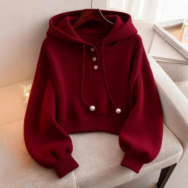 红色连帽卫衣女2025年秋冬新款短款打底衫针织毛衣超好看单穿上衣