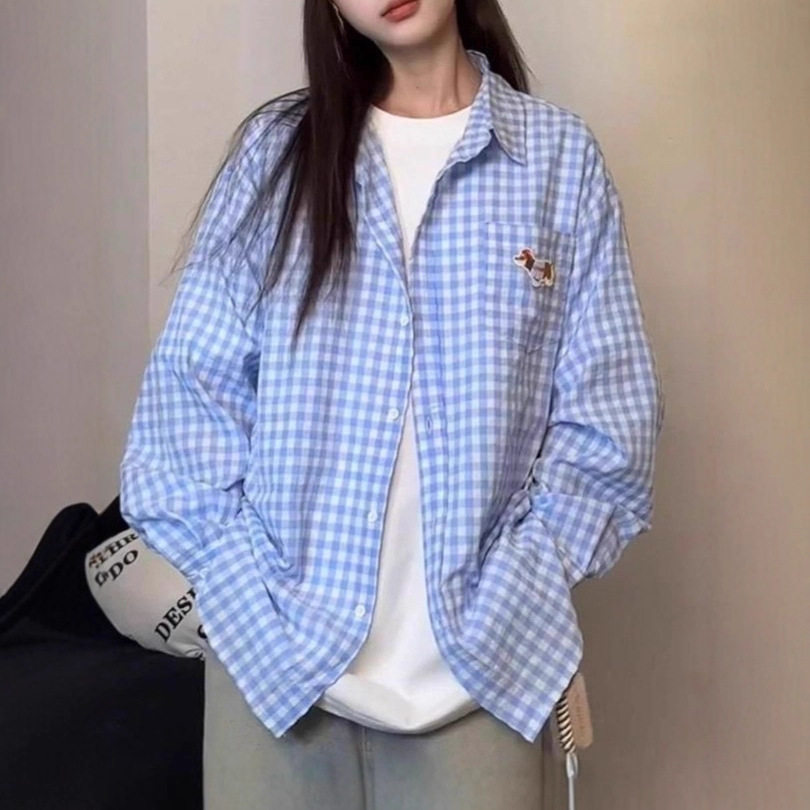 早秋蓝色学院风衬衫女防晒外套春季新款休闲宽松长袖开衫上衣衬衣