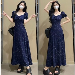 大码 胖mm气质复古甜美显瘦长裙 法式 蕾丝方领藏蓝色碎花长裙女夏季